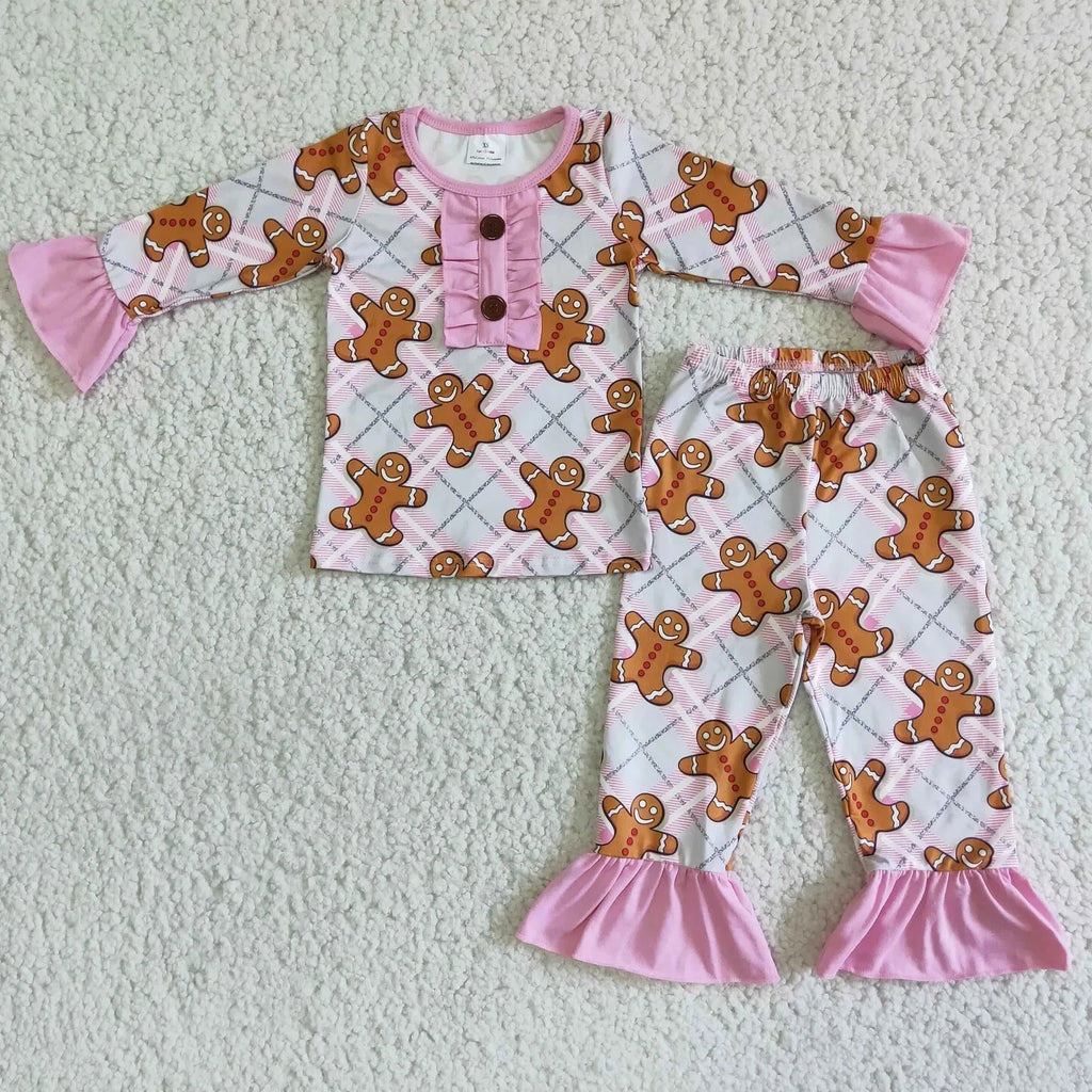 Girl Long Sleeve Pajama Set 2pcs Christmas Outfit Gingerbread Print