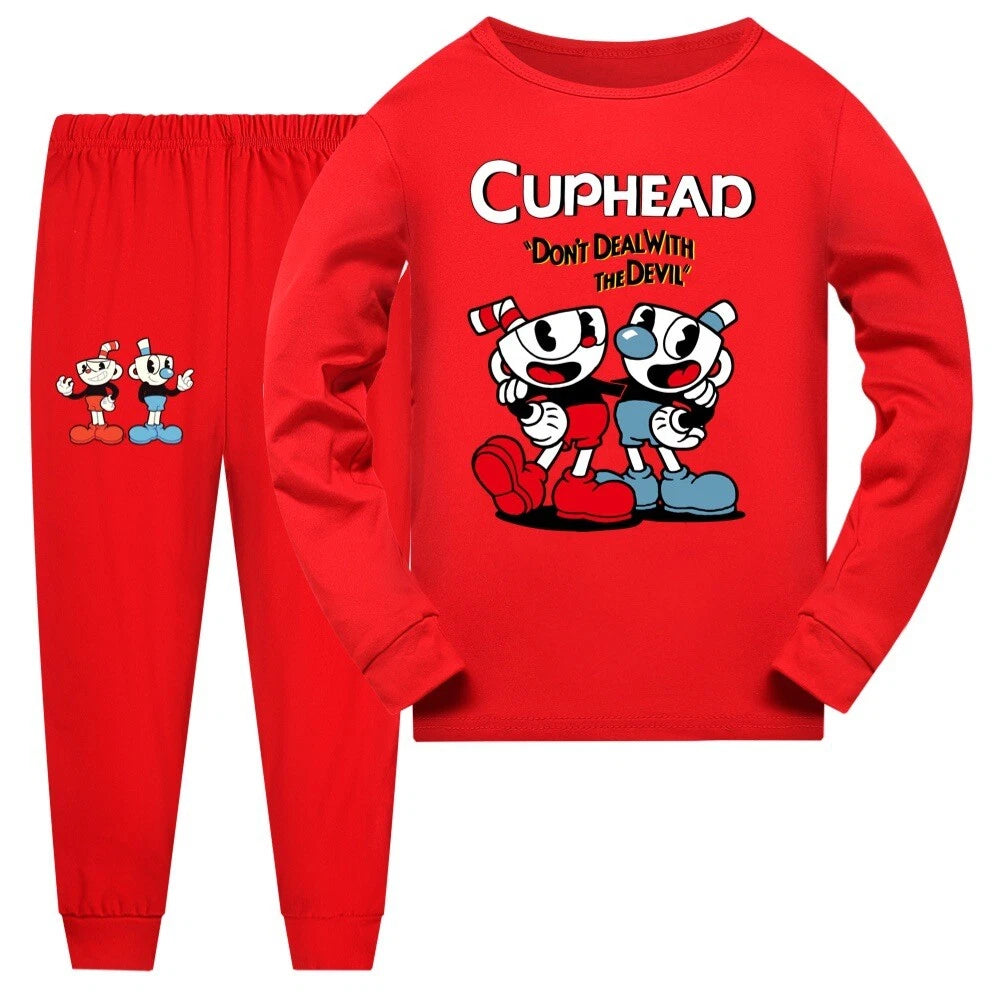 Children's Red Blue Teacup Print Casual Long Sleeve Trousers Pajamas Suit Trend