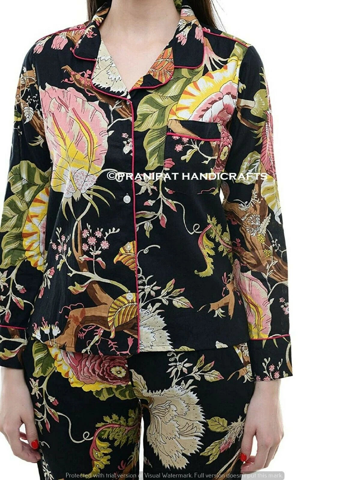 Indian Floral Print Cotton Black Women Night wear Boho Top-Pajama set Sleepwear