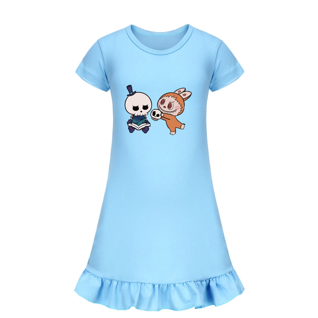 Cartoon Print Girl's Short-Sleeved Pajamas Home Clothes Nightdress Skirt New Hot