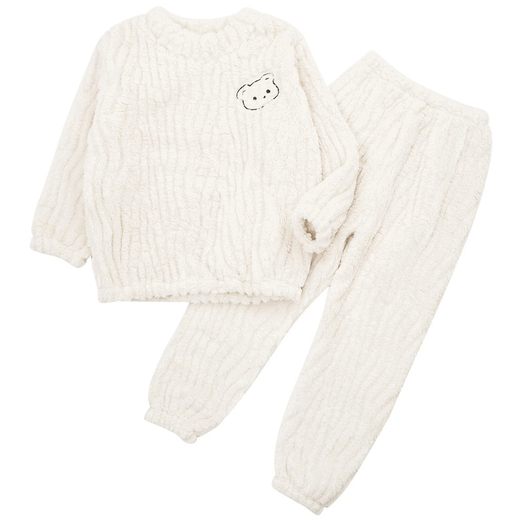 Kids Pajamas Set Flannel Sleepwear Bear Tops Pullover with Plush Pants Trousers