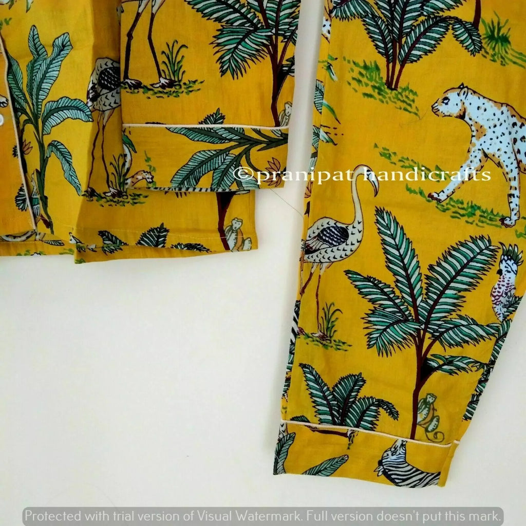 Indian Animal Printed Cotton Yellow Hippie Women Gypsy Sleepwear Boho Pajama set