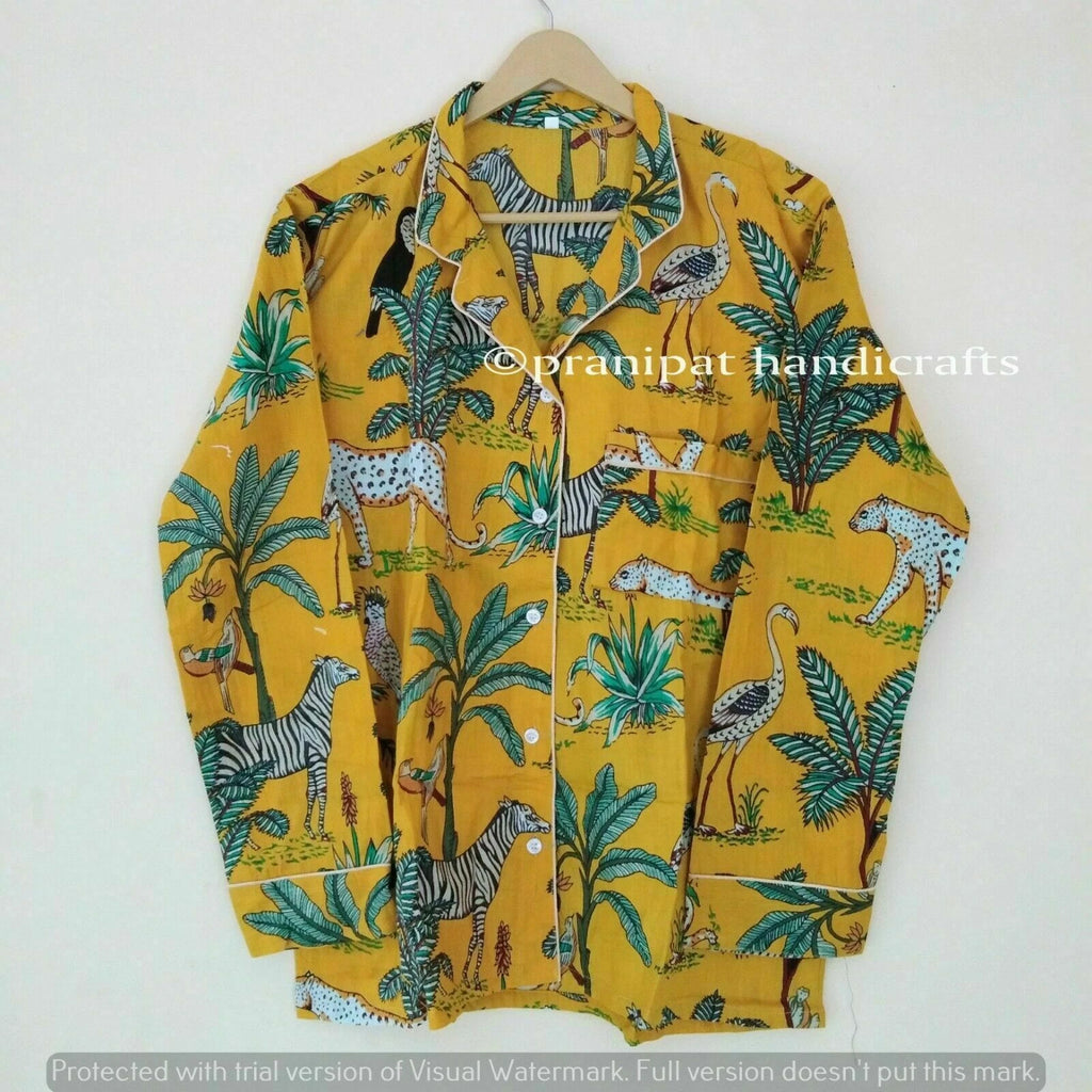 Indian Animal Printed Cotton Yellow Hippie Women Gypsy Sleepwear Boho Pajama set