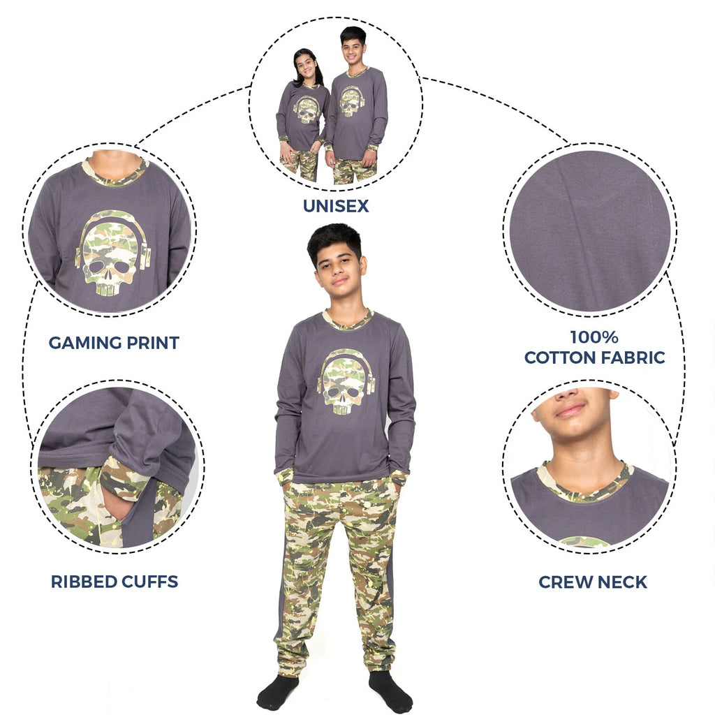 Kids Unisex Boys Girls Long Camo Cotton Gamer Gaming Pyjamas PJ Sets 5-13 Years
