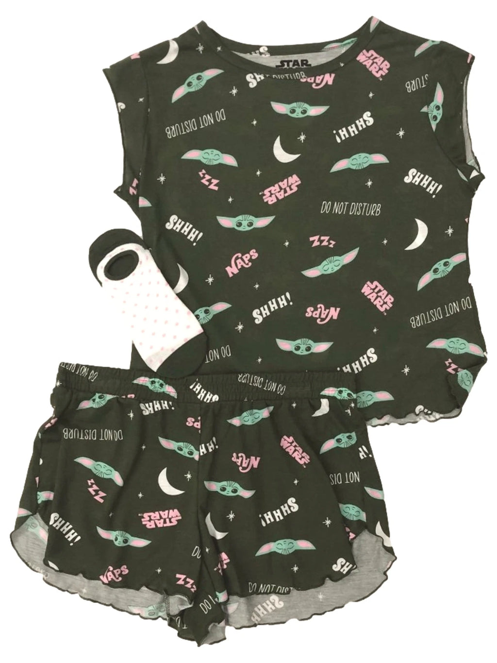 Star Wars Womens Green Baby Yoda Tee Shorts & Socks Pajamas Sleep Set
