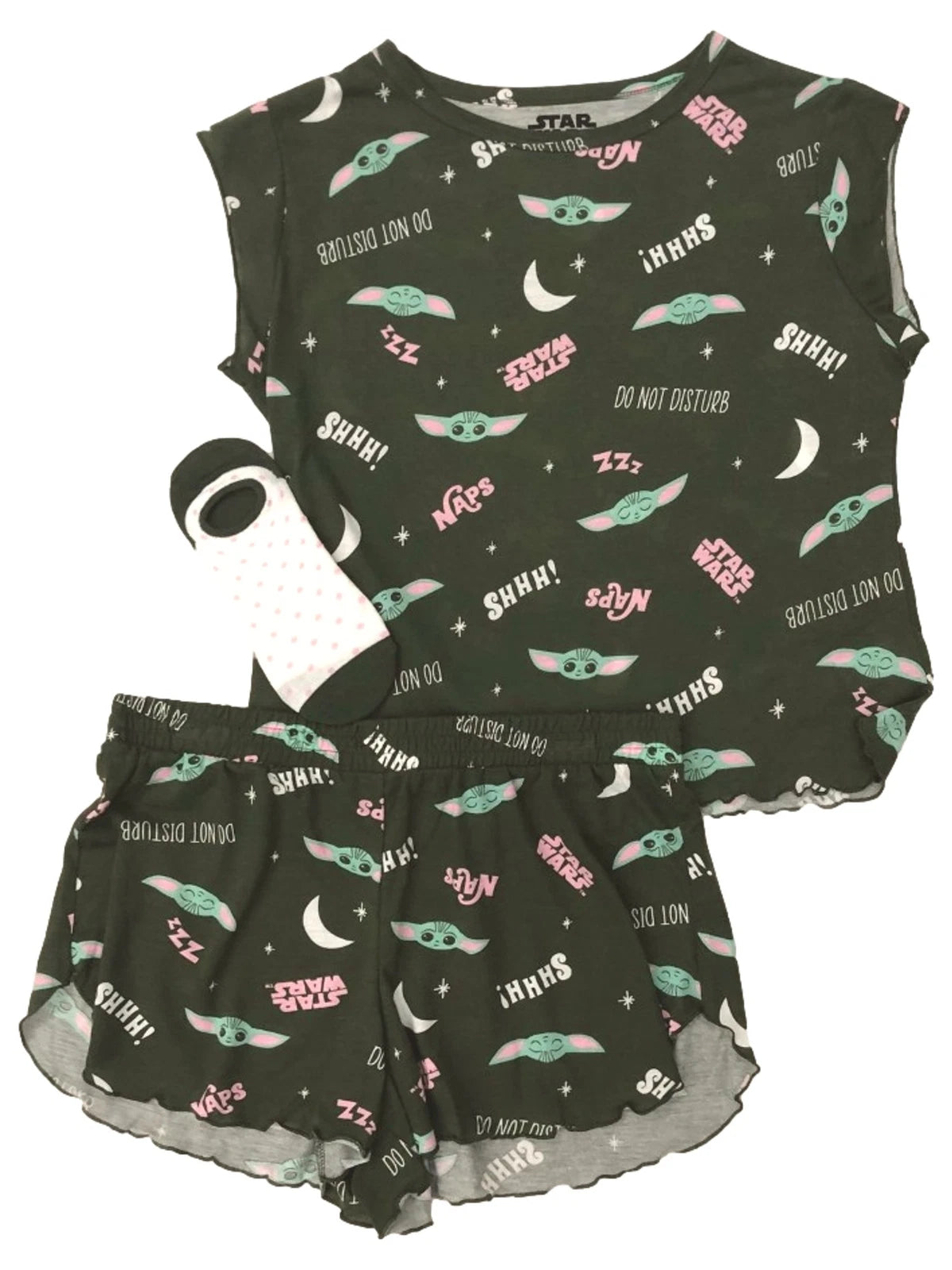 Star Wars Womens Green Baby Yoda Tee Shorts & Socks Pajamas Sleep Set
