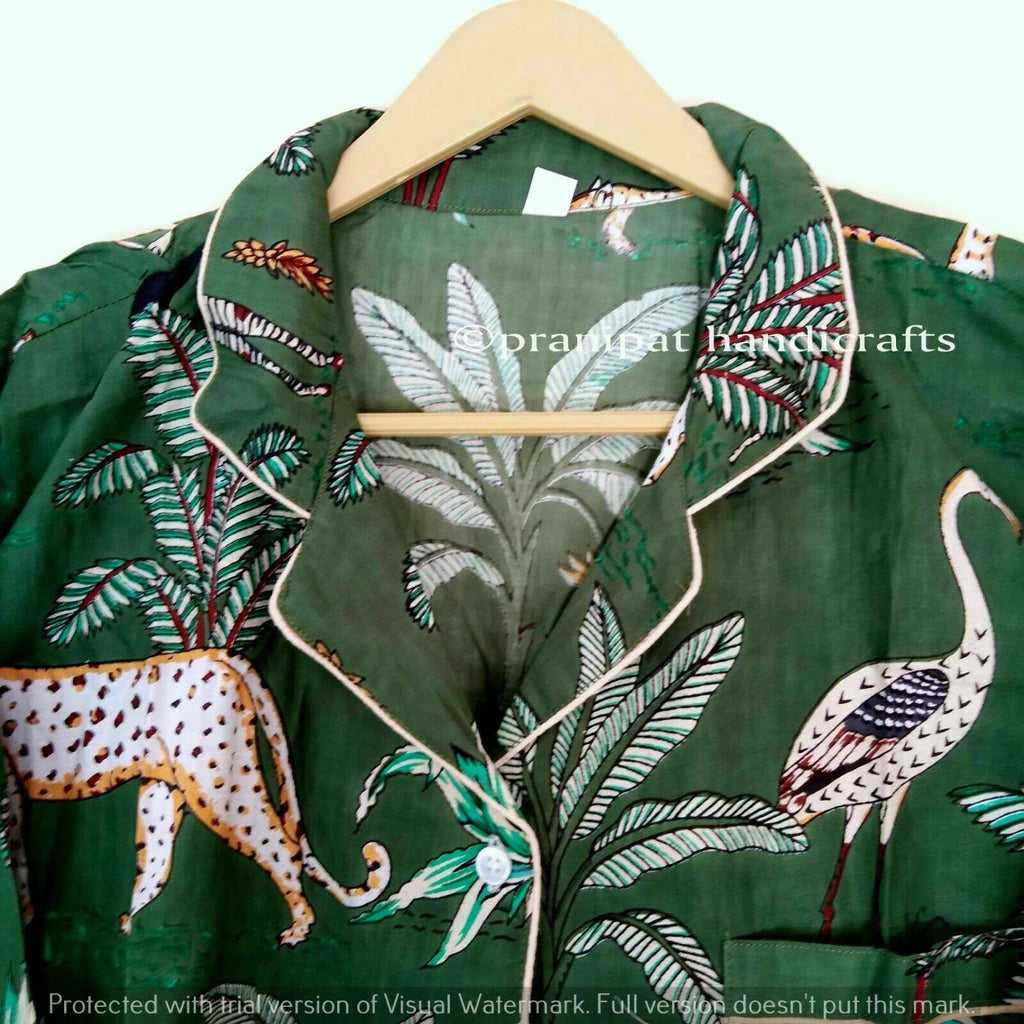 Indian Animal Printed Cotton Green Hippie Women Gypsy Sleepwear Boho Pajama set