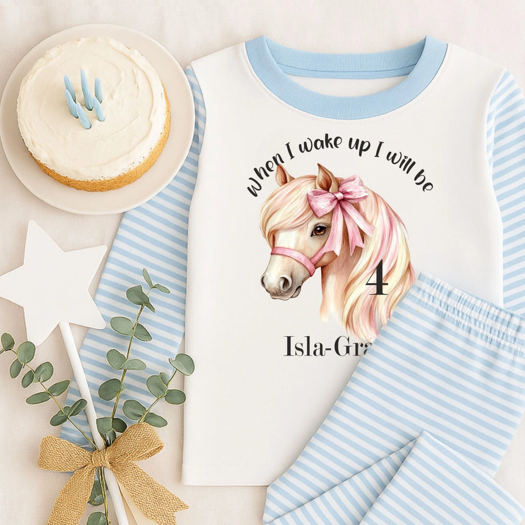 Personalised Children's When I Wake Up I Will Be 1,2,3,4,5 Age Horse Bow Pyjamas