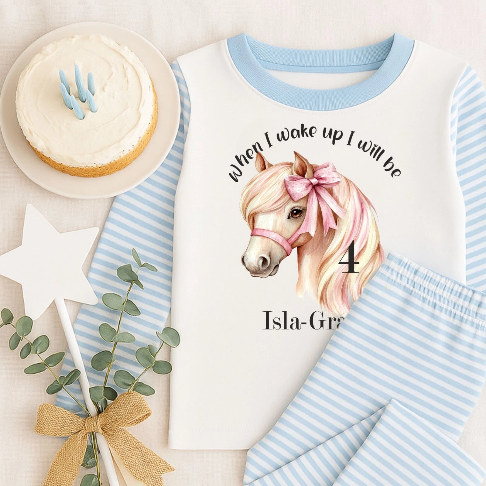 Personalised Children's When I Wake Up I Will Be 1,2,3,4,5 Age Horse Bow Pyjamas