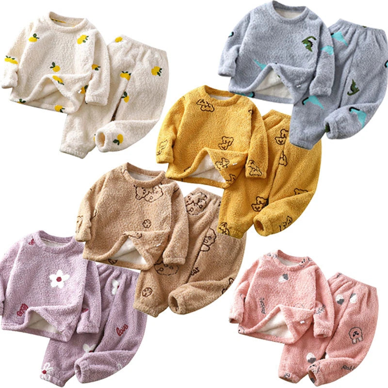 Unisex Kids Sleepwear Girls Set Print Pajamas Pullover Round Neck Cute Suit Top