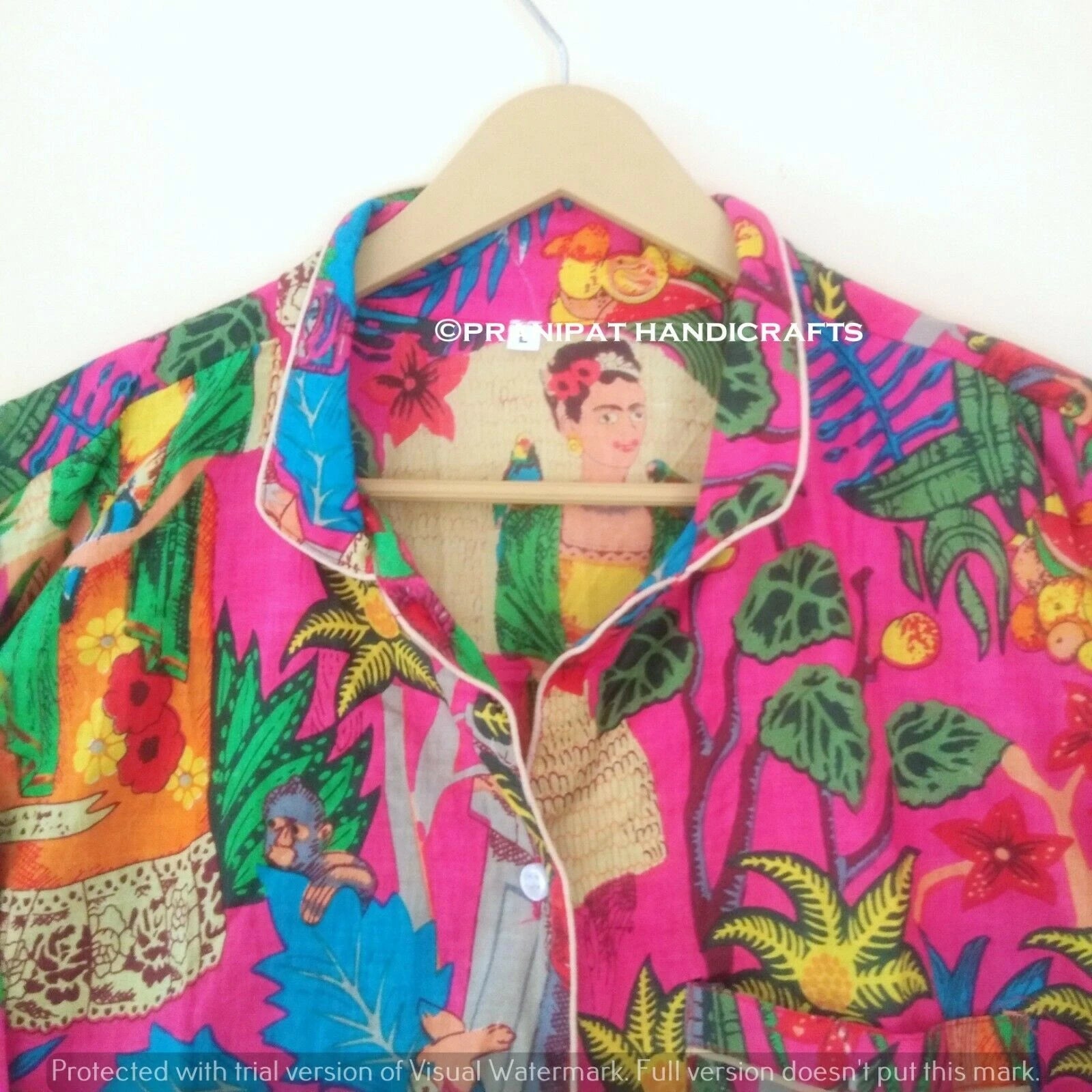 Indian Floral Print Cotton Pink Women Nightwear Top-Pajama set Sleepwear