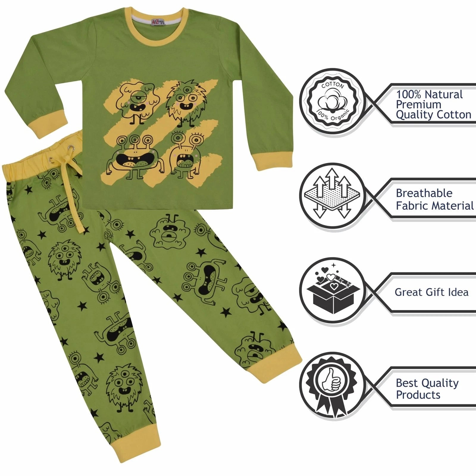Kids Girls Boys Monster Pyjamas Children Lime 2 Piece Cotton Set