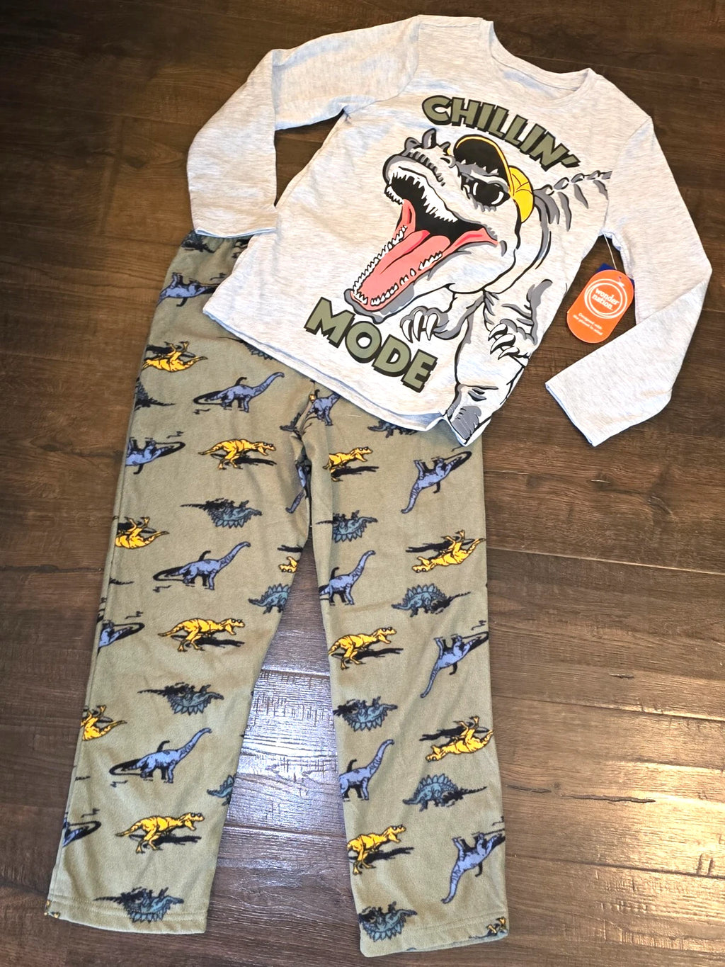 Wonder Nation Boys Dino Long Sleeve Top and Pants 2-Pc Sleep Set Sz M L 8 10 12