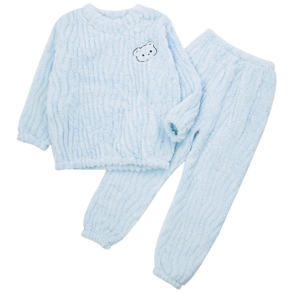 Kids Pajamas Set Flannel Sleepwear Bear Tops Pullover with Plush Pants Trousers