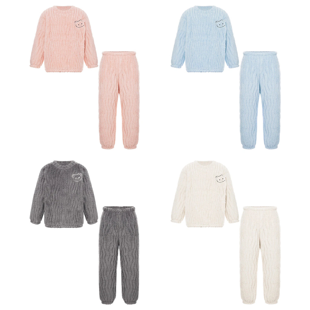 Kids Pajamas Set Flannel Sleepwear Bear Tops Pullover with Plush Pants Trousers
