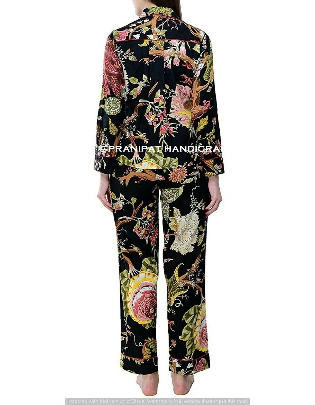 Indian Floral Print Cotton Black Women Night wear Boho Top-Pajama set Sleepwear