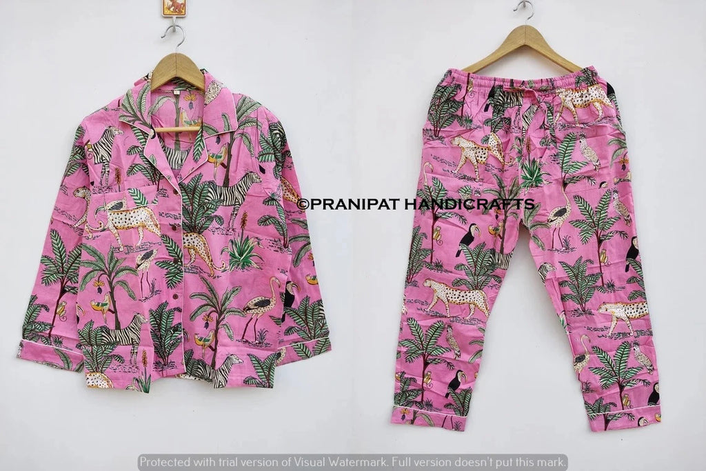 Indian Animal Print Cotton Baby Pink Women Gypsy Sleepwear Hippie Pajama set
