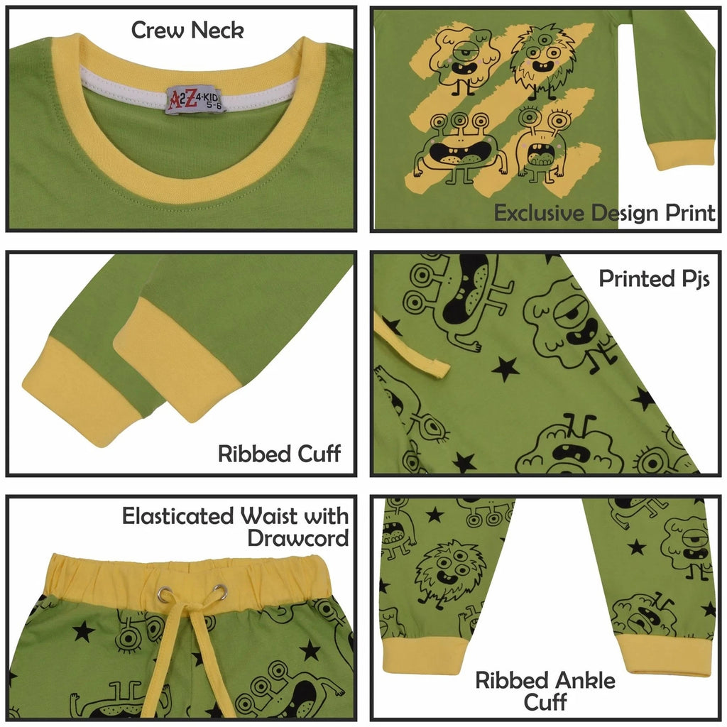 Kids Girls Boys Monster Pyjamas Children Lime 2 Piece Cotton Set