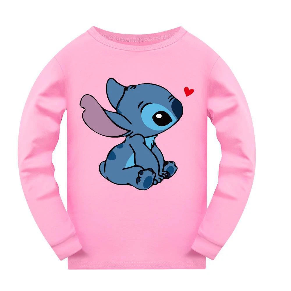 Stitch 5-13 Year Old Girls' Pajama Set, Boys' Cartoon Round Neck Long Sleeve Set