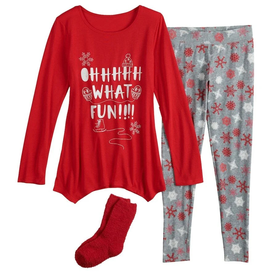 New Girls' SO Tunic Top & Fleece Leggings Pajama Set w/ Socks Red - M 10 & XL 14