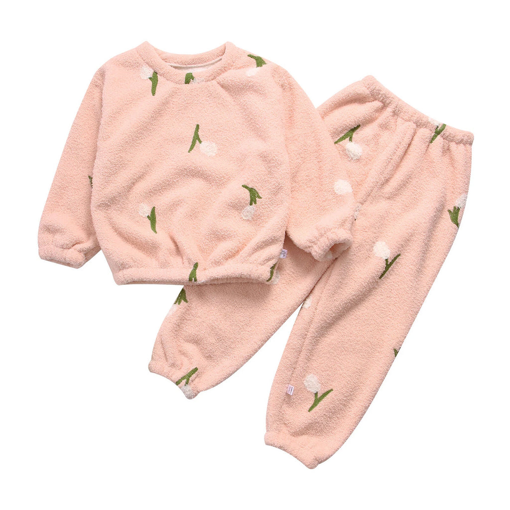 Kids Pyjamas Fleece Nightwear Elastic Waist Pyjama Set Warm 2 Piece-