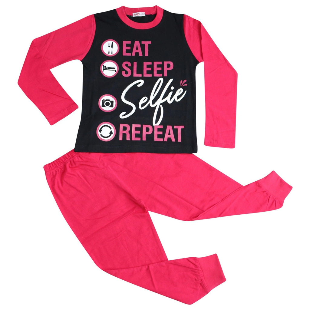 Kids Girls Pink Pyjamas Designer Eat Sleep Selfie Repeat Lounge Wear PJS 2-13 Yr