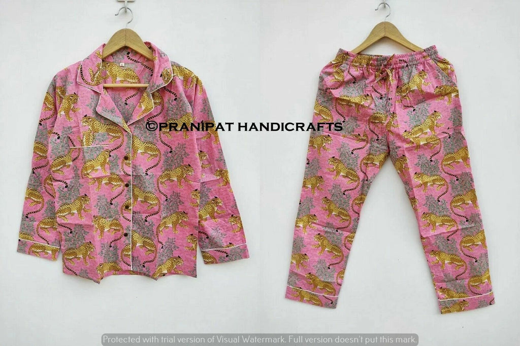 Indian Tiger Print Cotton Baby Pink Women Hippie Gypsy Top-Pajama set Sleepwear
