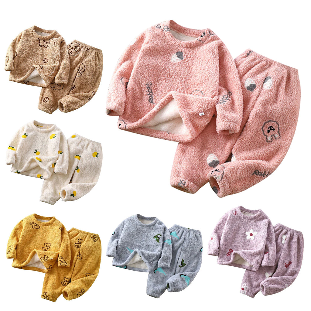 Unisex Kids Sleepwear Girls Set Print Pajamas Pullover Round Neck Cute Suit Top
