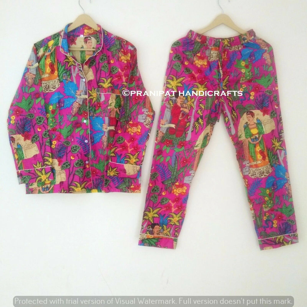 Indian Floral Print Cotton Pink Women Nightwear Top-Pajama set Sleepwear