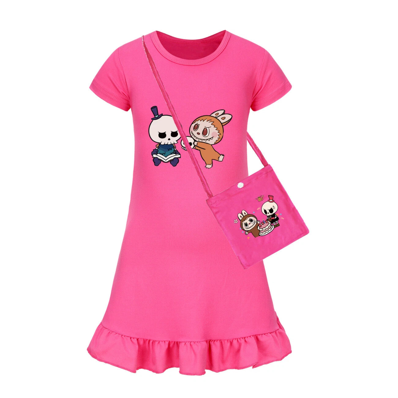 Cartoon Print Girl's Short-Sleeved Pajamas Home Clothes Nightdress Skirt New Hot