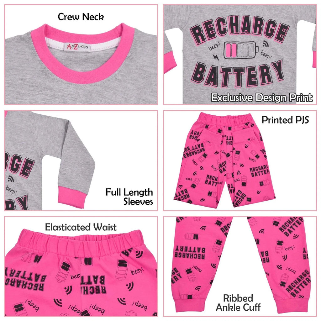 Kids Girls Pyjamas RECHARGE BATTERY Print Top Bottom Shorts Set