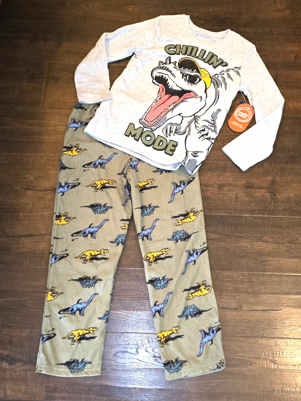 Wonder Nation Boys Dino Long Sleeve Top and Pants 2-Pc Sleep Set Sz M L 8 10 12
