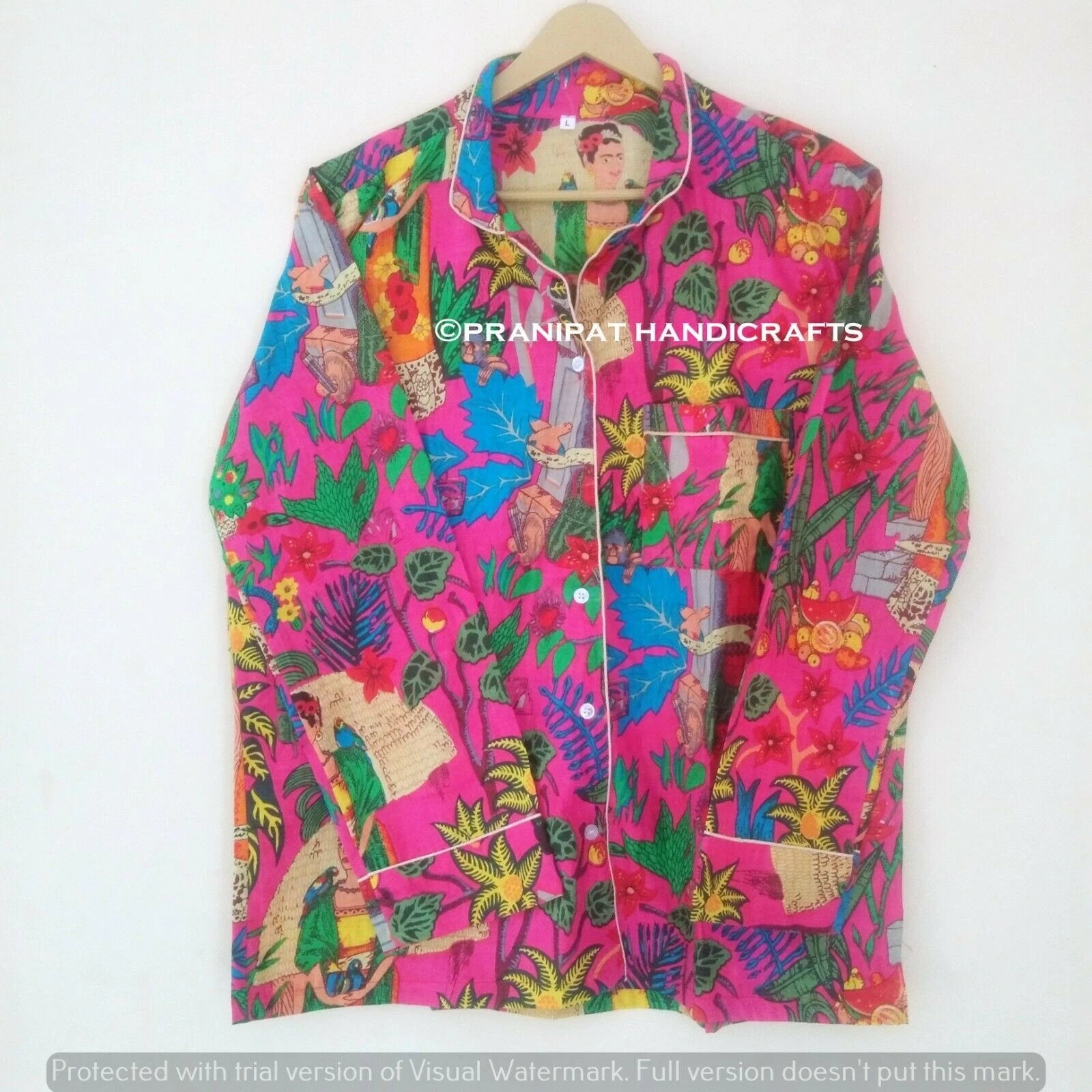 Indian Floral Print Cotton Pink Women Nightwear Top-Pajama set Sleepwear