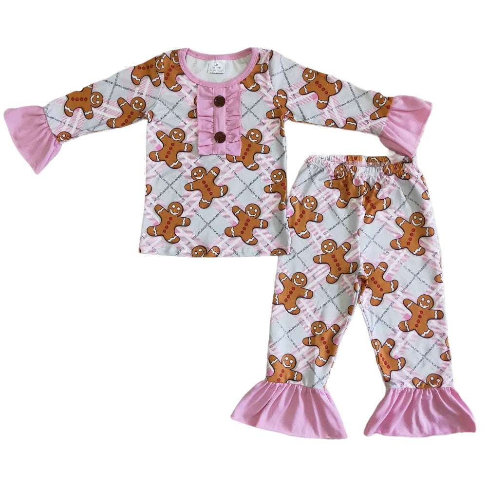 Girl Long Sleeve Pajama Set 2pcs Christmas Outfit Gingerbread Print