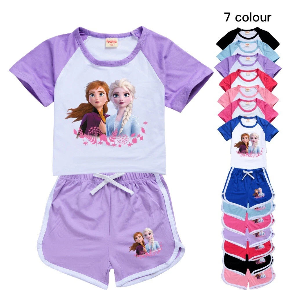 Popular frozen girl short sleeved T-shirt top shorts casual pajama set gift
