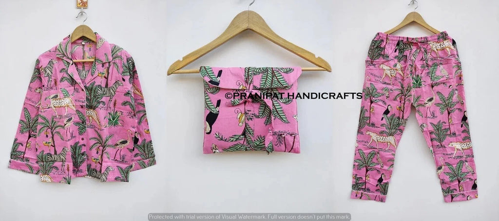 Indian Animal Print Cotton Baby Pink Women Gypsy Sleepwear Hippie Pajama set