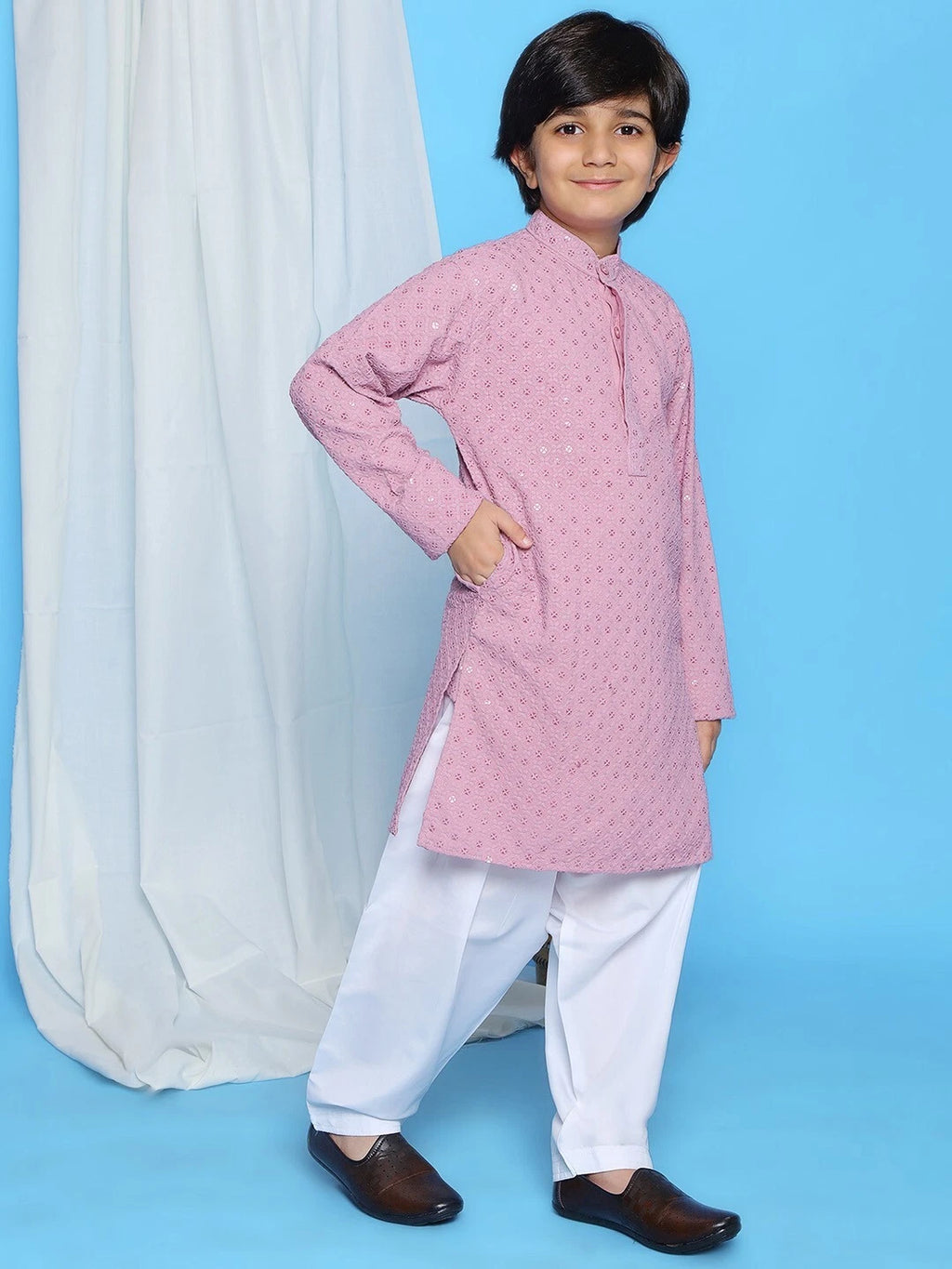 Kids Ethnic Mirror Work Cotton Kurta Pyjama Set/Party Wear Chikankari Kurta