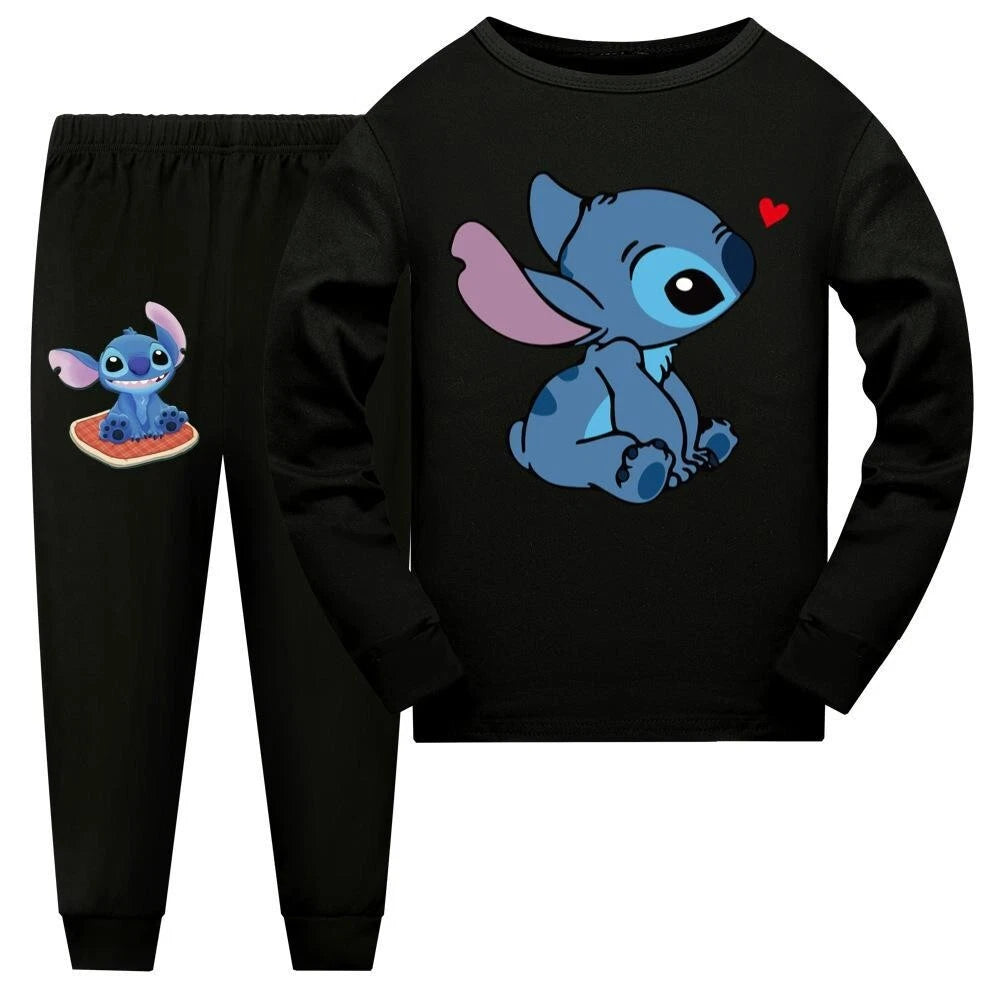 Stitch 5-13 Year Old Girls' Pajama Set, Boys' Cartoon Round Neck Long Sleeve Set