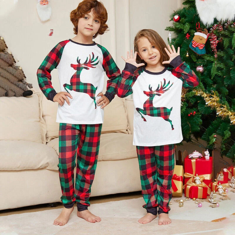2025 Christmas Deer Grid Print Family Pyjamas Kids Adults Nightwear Pajamas Set*
