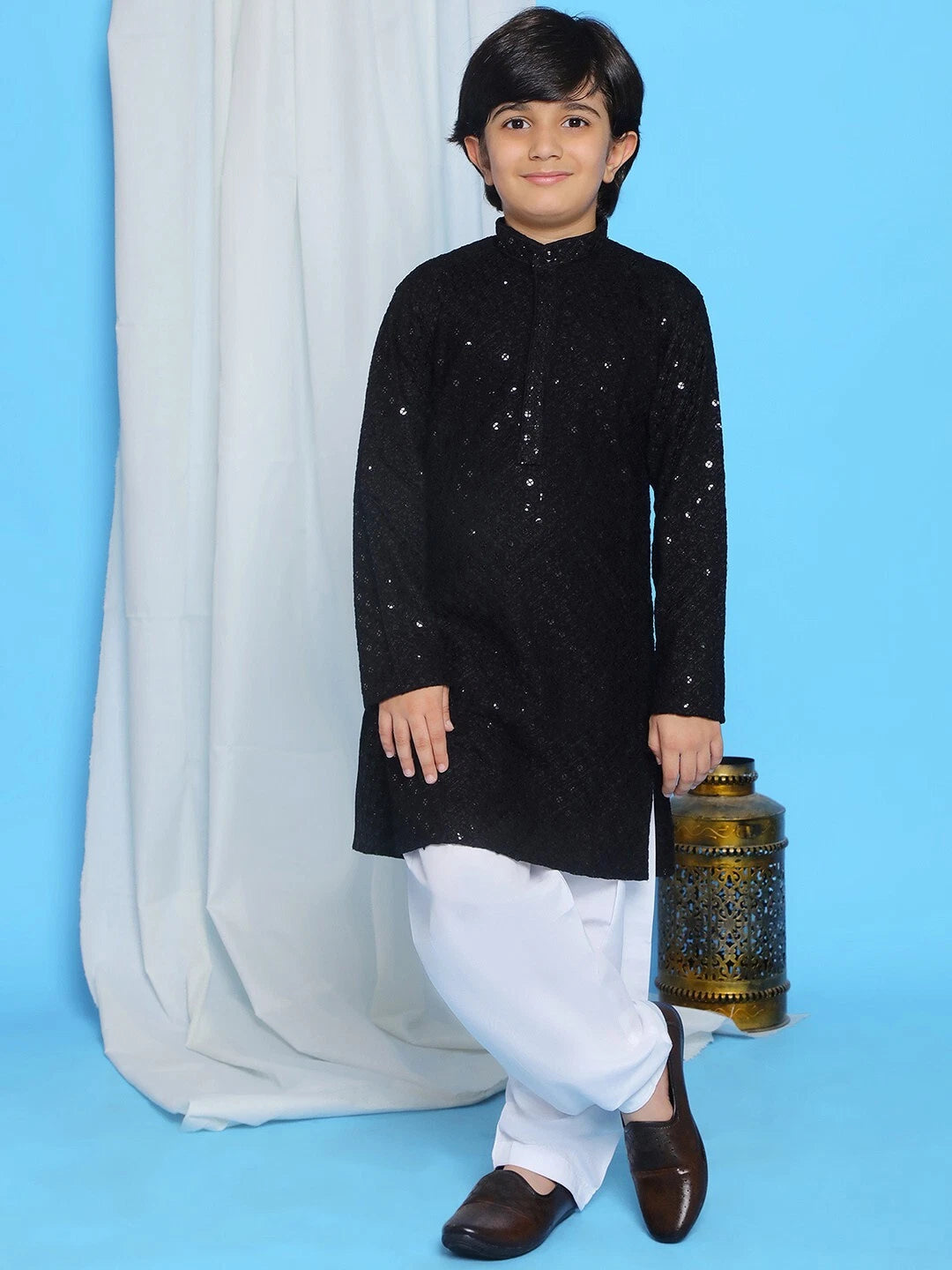 Kids Ethnic Mirror Work Cotton Kurta Pyjama Set/Party Wear Chikankari Kurta