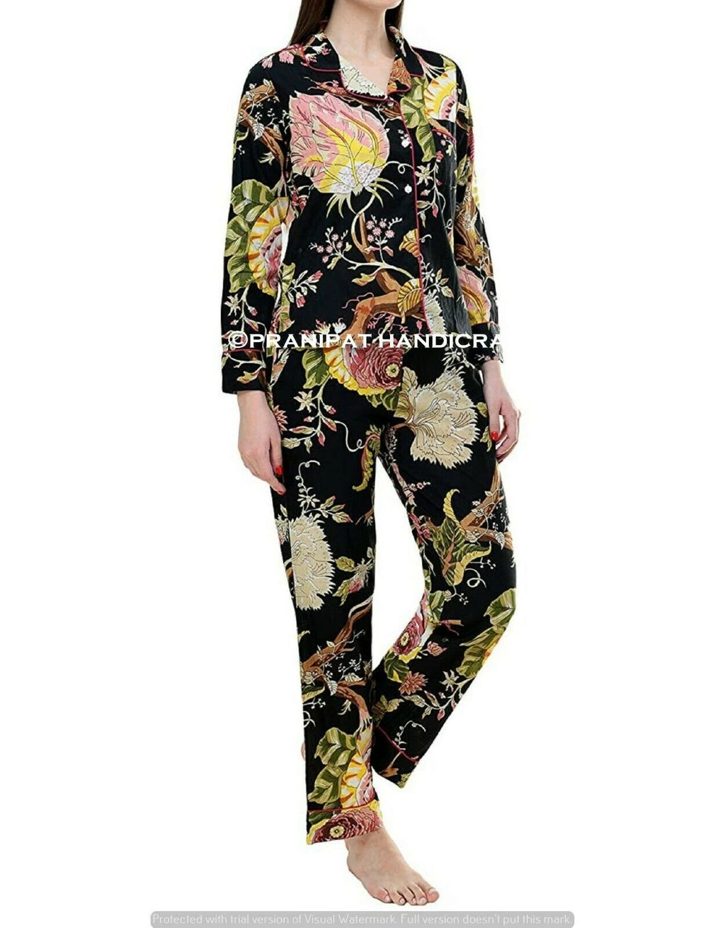 Indian Floral Print Cotton Black Women Night wear Boho Top-Pajama set Sleepwear