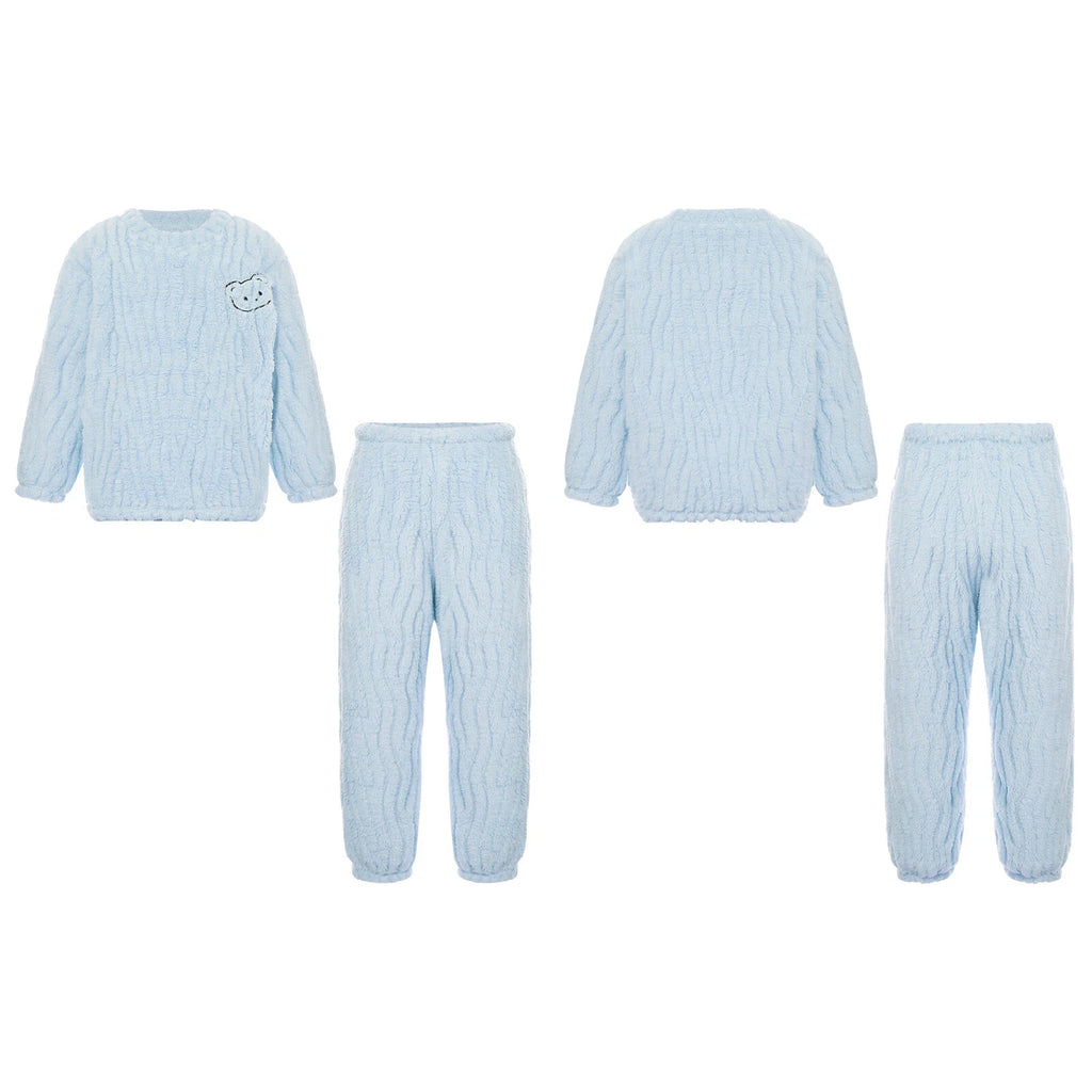 Kids Pajamas Set Flannel Sleepwear Bear Tops Pullover with Plush Pants Trousers