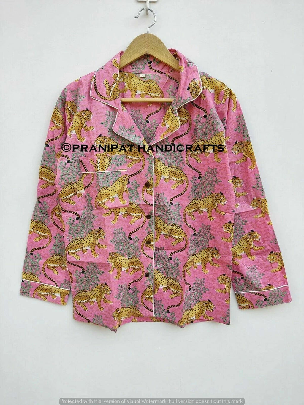 Indian Tiger Print Cotton Baby Pink Women Hippie Gypsy Top-Pajama set Sleepwear