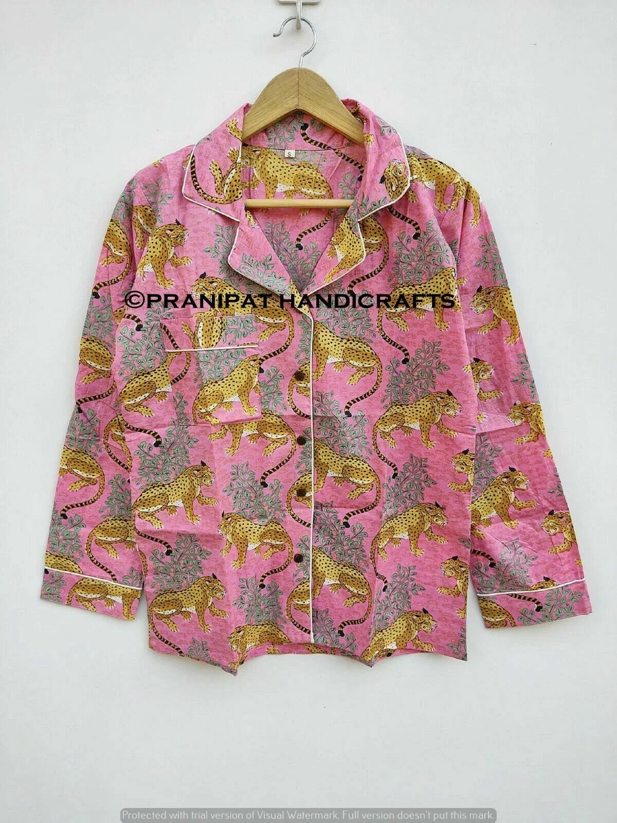 Indian Tiger Print Cotton Baby Pink Women Hippie Gypsy Top-Pajama set Sleepwear