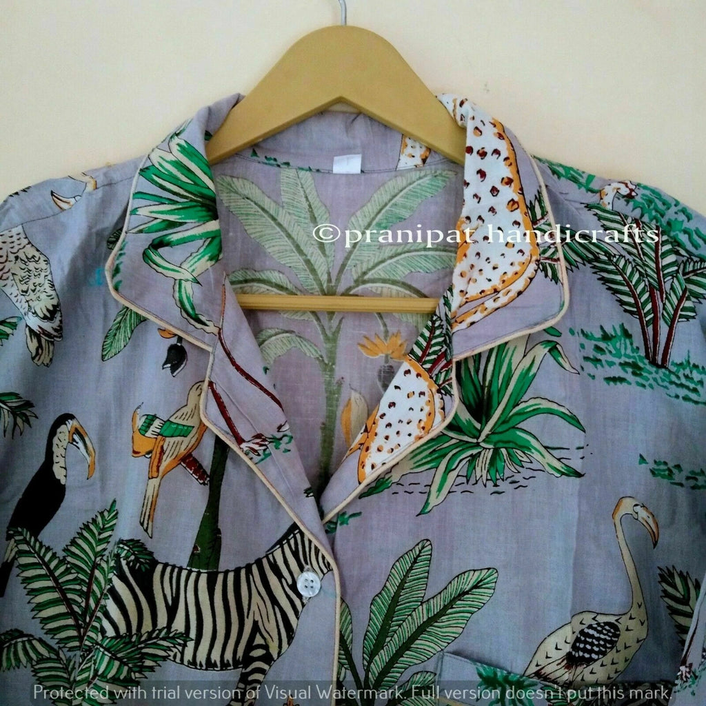 Indian Animal Printed Cotton Grey Hippie Women Gypsy Sleepwear Boho Pajama set