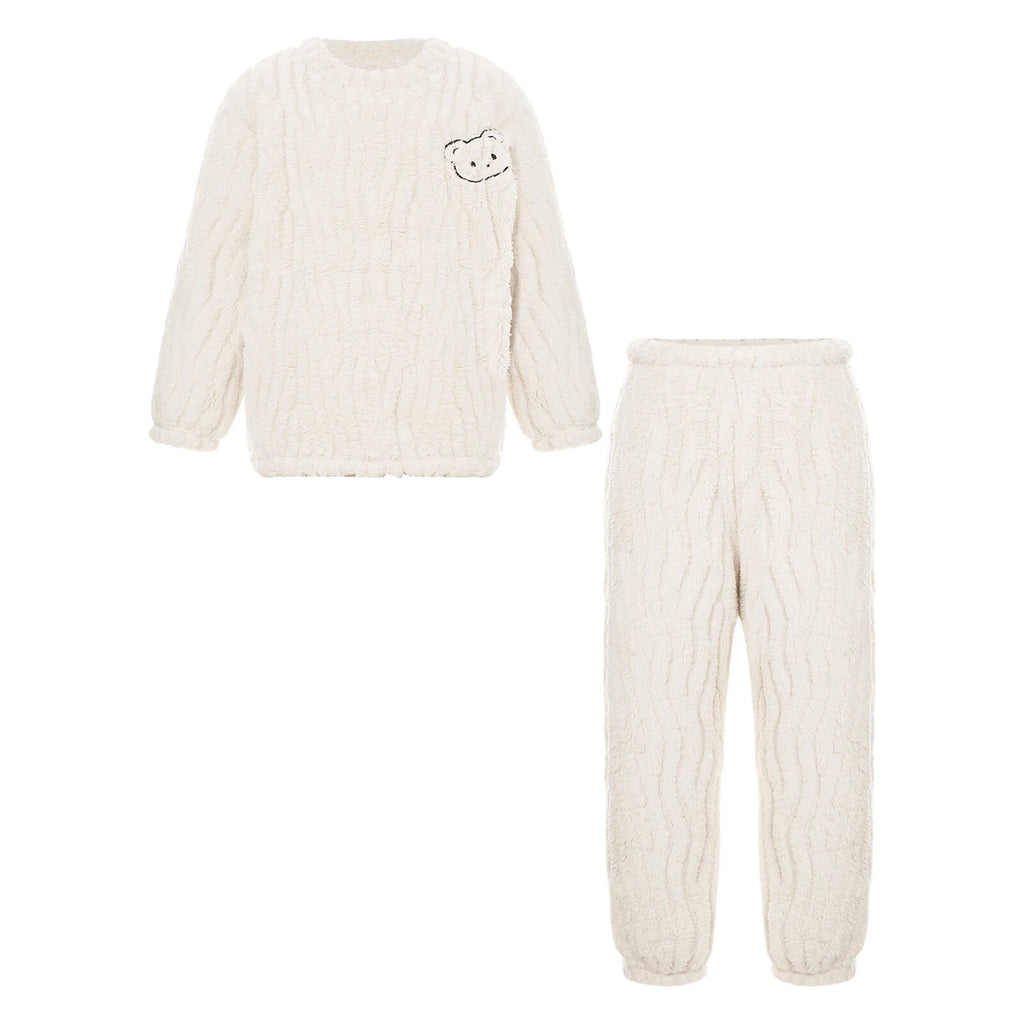 Kids Pajamas Set Flannel Sleepwear Bear Tops Pullover with Plush Pants Trousers