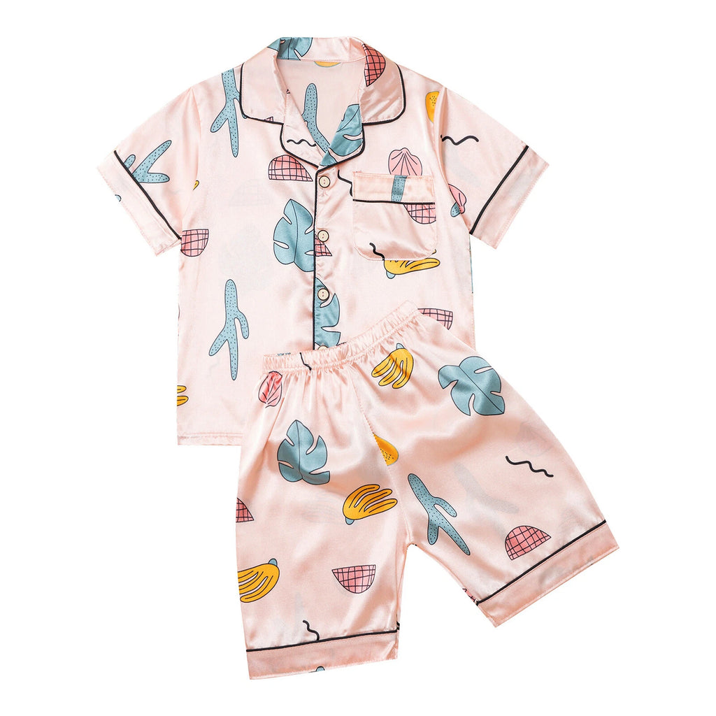 Boys Girls Pajamas Set Sleepwear Button Closure Top Shorts Nightwear Loungewear