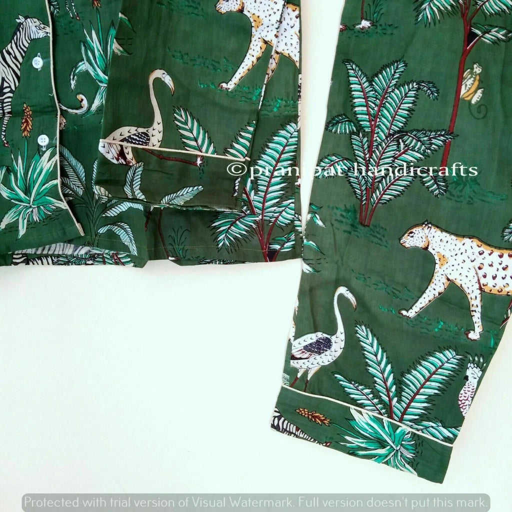 Indian Animal Printed Cotton Green Hippie Women Gypsy Sleepwear Boho Pajama set