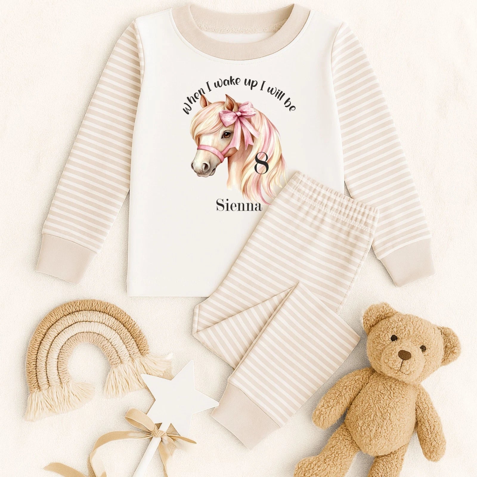 Personalised Children's When I Wake Up I Will Be 1,2,3,4,5 Age Horse Bow Pyjamas
