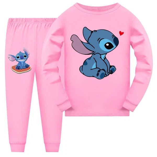 Stitch 5-13 Year Old Girls' Pajama Set, Boys' Cartoon Round Neck Long Sleeve Set
